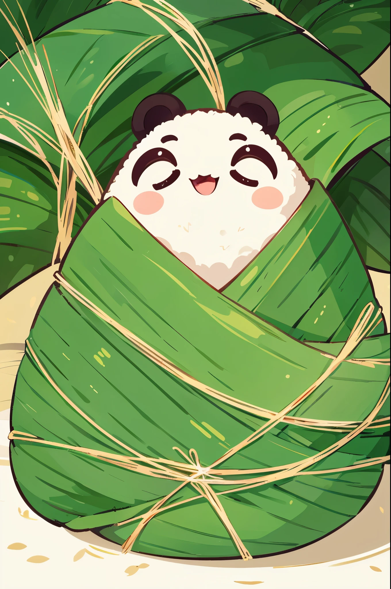 A panda-shaped zongzi, made of glutinous rice, has a cute expression, the lower half of the body is wrapped in tapered leaves, the head sticking out of the leaves, equidistant, cartoon-style, Macro Lens, studio light, bold color scheme