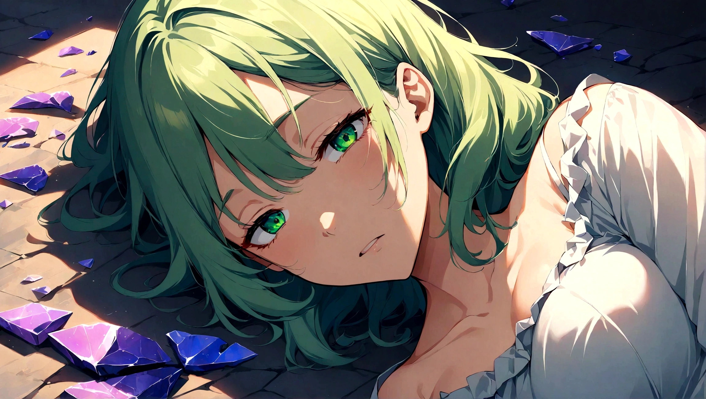 1girl, barely breathing, lost all feeling, lying on ground, fragile, dim light, shattered pieces around, solemn expression, tattered dress, broken heart, soft glow, melancholy, high detail, anime style, delicate shading, intricate background, nuanced expressions, subtle lighting effects, opened eyes, colorful, green eyes, glowing eyes