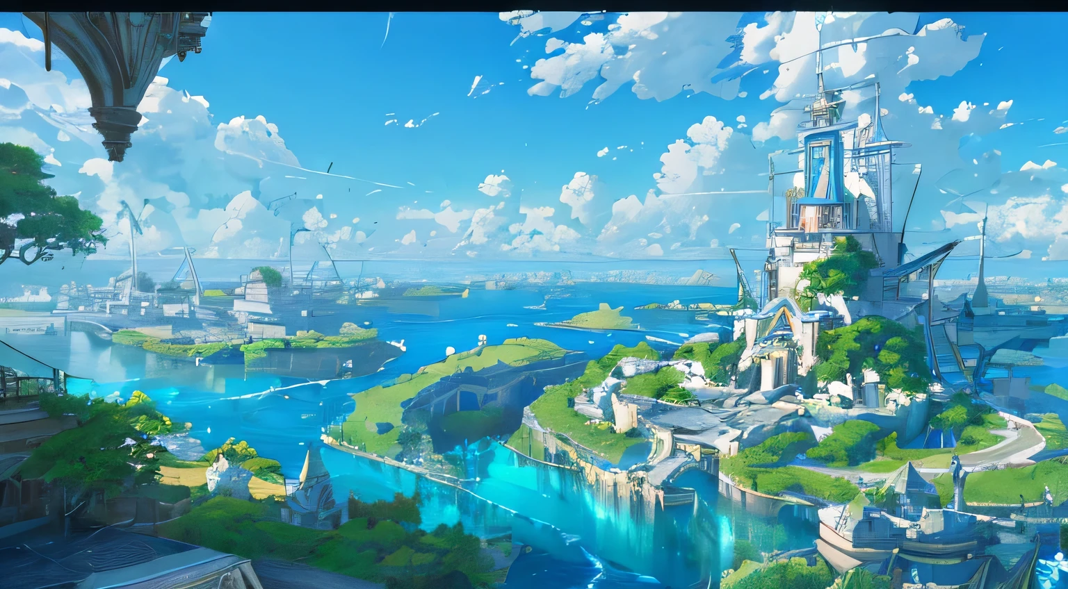 Masterpiece, high detail, 8K resolution, ConceptArt, scenery, water, sky, day, tree, cloud, nature, sea, ancient city of water, ancient waterway, ship harboring, blue sky, from above, Makoto Shinkai artstyle