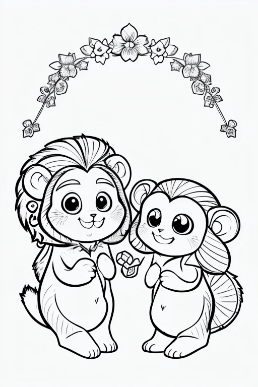 Cute and adorable Pygmy Marmoset and its Cub, coloring page for kids, happy, smiling, surrounded by plants, vector art, minimalistic, vector 2d, black lines white background, coloring page for beginners, vector illustration, pencil strokes, no color, drawing for coloring, white background, Pixar style, black and white