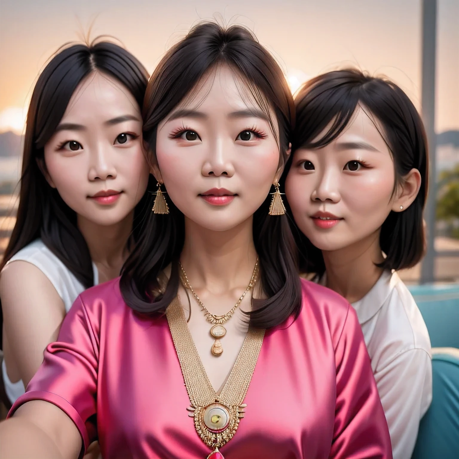 smiling woman with a pink shirt and a gold necklace, 38 years old, wearing several pendants, 8k selfie photograph, 3 6 years old, sangsoo jeong, jiyun chae, (38 years old), inspired by Kim Jeong-hui, without makeup, an asian woman, korean woman, kwak ji young, south east asian with round face，（（（Mean 1 Girls）））Linen future spacesuit