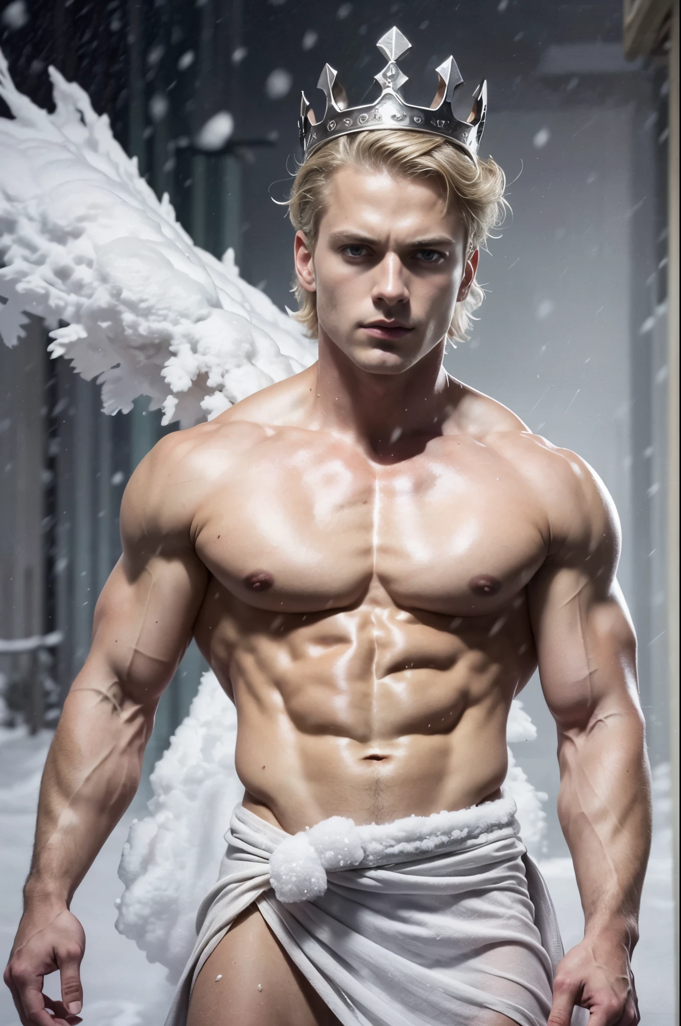 Photorealistic, ((best quality)), ((masterpiece)), (detailed), masculine portrait of ice king,18-year-old male models, handsome, tall, cute looking, cute look, evil looking, dark look powerful, young male model, handsome, super strong, muscular, fit, massive muscles, six pack, clean shave, handsome model, clean shave, (silver eyes:1.4) (blond messy short hair:1.4), short curly messy blond hair, messy curly hair, short hair, super strong, muscular, fit, massive muscles, six pack, shirtless, bare-chested, muscle, ripped, strong body, fit body, half-, topless, muscle, ripped, strong body, fit body, great chest, amazing arms, ice crown, (ice male masculine crown:1.4), (snow storm:1.5), white antique ice spartan loincloth, white linen antique draped cloth skirt, snowy mountain background, (in the middle of nowhere:1.4), isolated, (remote:1.4), out of the way, lonelcluded:1.4), secluded, 8k, high detailed, ultra-detailed, Stylish Pose, real skin texture, dark cinematic lighting