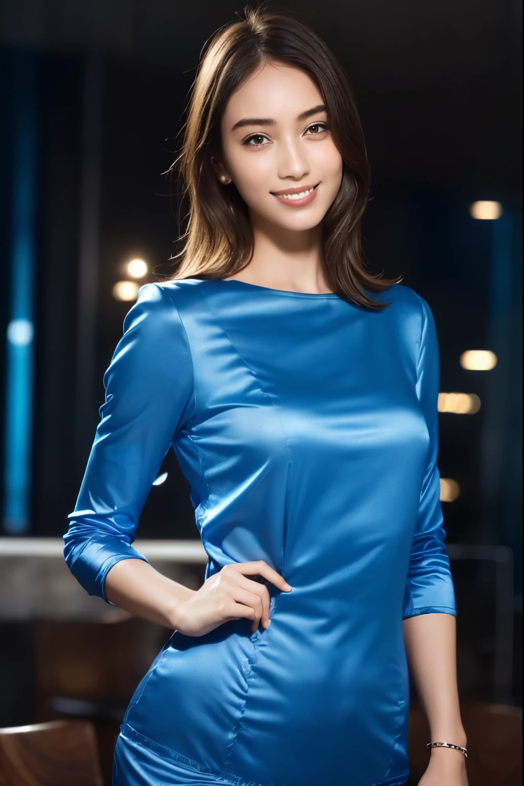 One Girl,(Wearing a blue blouse:1.2),(RAW Photos, highest quality), (Realistic, Photorealistic:1.4), Tabletop, Very delicate and beautiful, Very detailed, 2k wallpaper, wonderful, In detail, {8k wallpaper, Super detailed}, High resolution, Soft Light, {Beautiful detailed girl}, {Very detailedな二重の目と顔}, {Beautifully detailed nose}, {Beautiful fine details:1.2},Cinema Lighting,City lights at night,Perfect Anatomy,Slender body,{{{smile:Show your teeth}}}