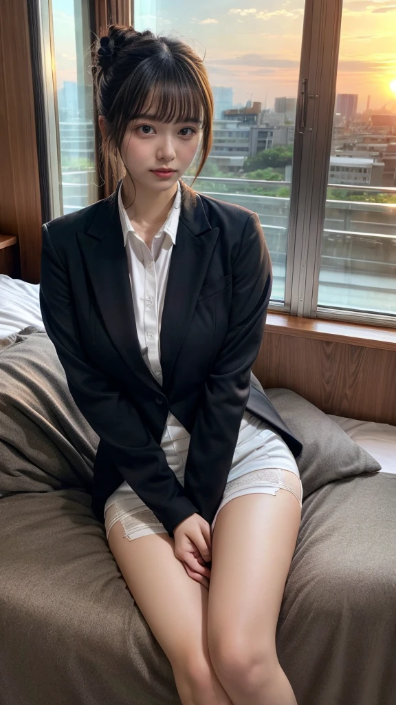 masterpiece, best quality, illustration, Super detailed, fine details, High resolution, 8K,wall paper, perfect dynamic composition,(Details High quality, realistic depiction of eyes:1.3), Office Lady, ,Suit,Collared shirt, Black Suit,Black jacket, updo, huge breasts, black hair color, Big Natural Color Lip, bold sexy pose, crying a little、cold gaze, Harajuku style、20 year old girl、cute type、lolita、beautiful legs, hotel room, full body photo、focus on crotch, hposing Gravure Idol, Sexy shot looking at camera, Sunset, by the window, Summer, make up, Curve