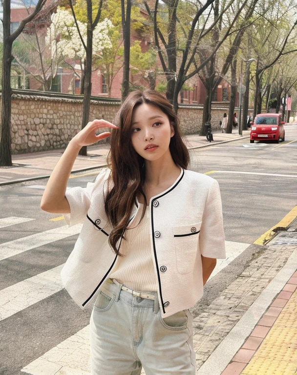araffe woman standing on the side of the road in a white shirt and jeans, cropped shirt with jacket, korean women's fashion model, white trendy clothes, casual clothing style, wearing elegant casual clothes, gorgeous young korean woman, casual white garment, modern casual clothing, casual modern clothing, bae suzy, short jacket, ulzzang, korean girl
