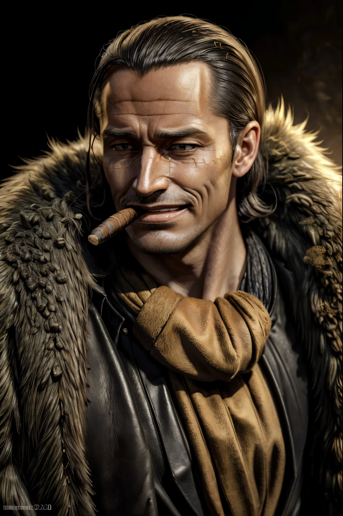 masterpiece, best quality, extremely detailed, hyperrealistic, photorealistic, a cool 40s man, ultra detailed face:1.2, fur-trimmed coat, scarf around the neck, his left hand is a golden pirate hook, extreme close-up shot, black background:1.1, sly smile, looking away:1.1, cigar
