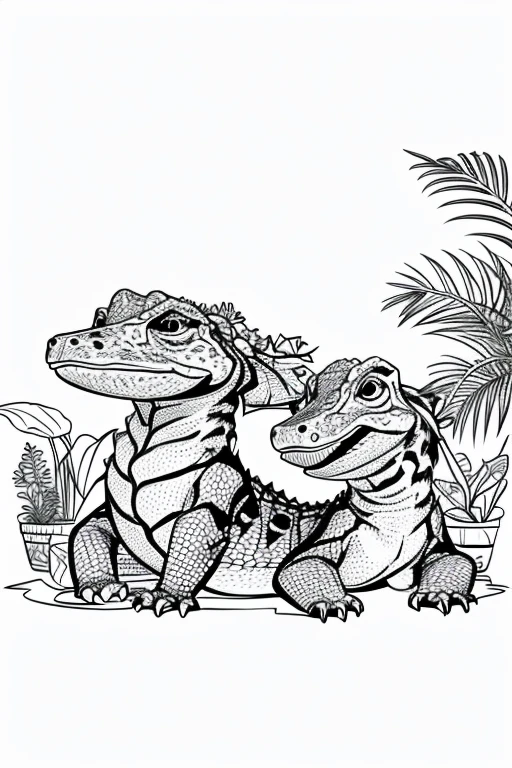 Cute and adorable Caiman and its Cub, coloring page for kids, happy, smiling, surrounded by plants, vector art, minimalistic, vector 2d, black lines white background, coloring page for beginners, vector illustration, pencil strokes, no color, drawing for coloring, white background, Pixar style, black and white