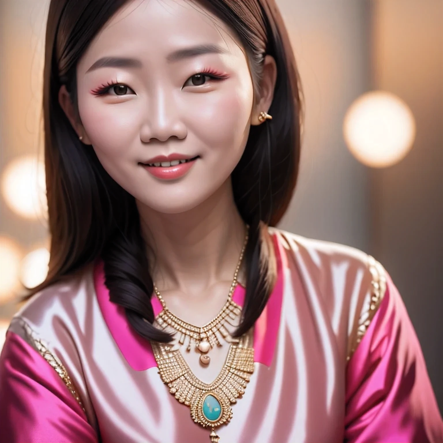 smiling woman with a pink shirt and a gold necklace, 38 years old, wearing several pendants, 8k selfie photograph, 3 6 years old, sangsoo jeong, jiyun chae, (38 years old), inspired by Kim Jeong-hui, without makeup, an asian woman, korean woman, kwak ji young, south east asian with round face，（（（Mean 1 Girls）））Linen future spacesuit