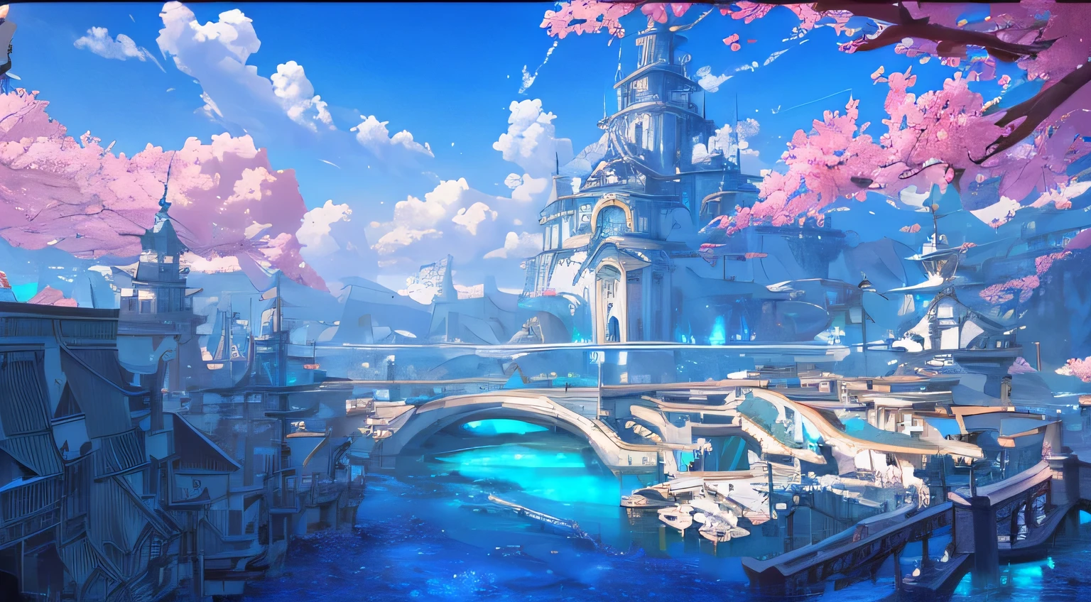 Masterpiece, high detail, 8K resolution, ConceptArt, scenery, water, sky, day, tree, cloud, nature, sea, ancient city of water, ancient waterway, ship harboring, blue sky, from above, Makoto Shinkai artstyle