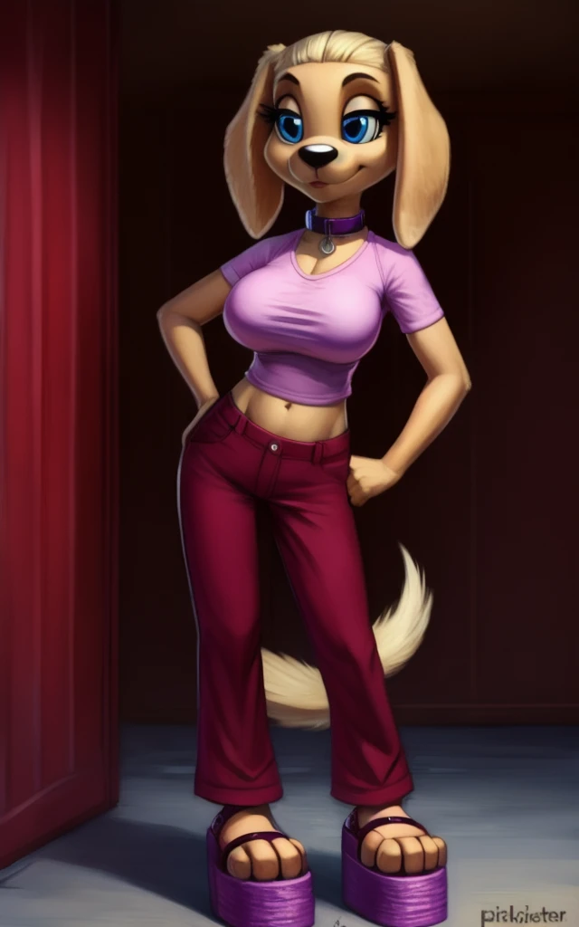 8k.4k,((Best quality, masterpiece, ultra high resolution)),((full body)),standing, by pixelsketcher, brandi harrington, furry, furry female, shirt, tail, pants, dog girl, animal ears, blue eyes, dog tail, dog ears, standing, purple sandals, big breasts,red pants,blonde hair, midriff,platform footwear,animal nose,pink shirt,collar,navel