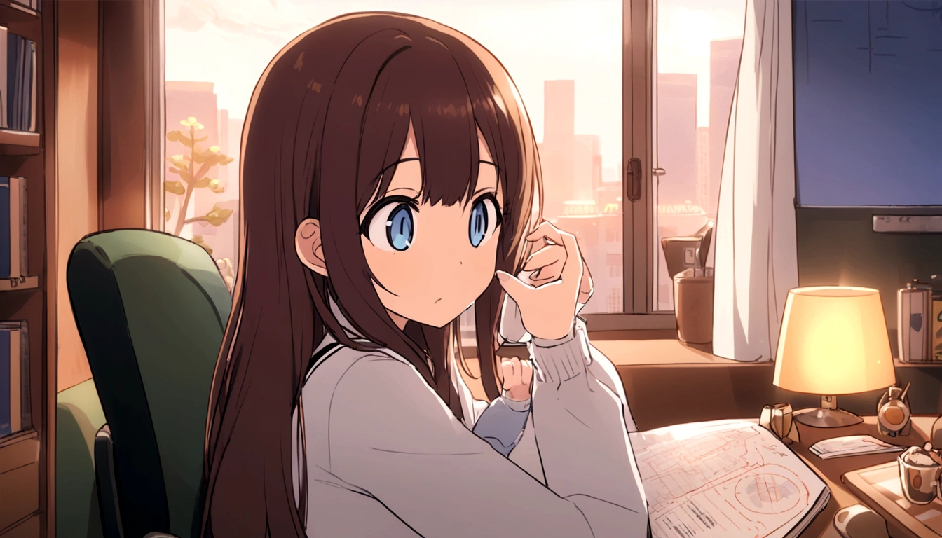 Feminized Maple Manyo、He is reading a book seriously on the sofa in his room.、Long Hair Girl、Big eyes、City pop fashion