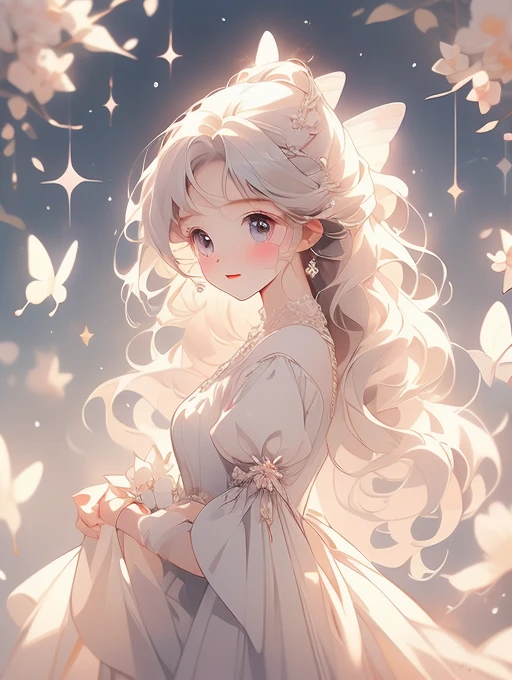 (Milky White:1.2)、(Cute illustrations:1.2)、(Super cute:1.2)、(masterpiece、highest quality、highest quality、Beautiful and beautiful:1.2)、(Excellent anatomy:1.5)、Focus on the eyes、Girl with wavy hair、puff sleeve dress、fluffy、Cute sparkling eyes、Staring at the bright light、Embrace your dreams、Melting big flower、Large melting butterfly wings、Warm Light