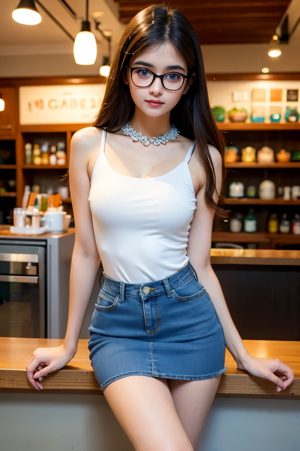 ((best quality)), ((masterpiece)), (detailed), perfect face, A beautiful cute indian girl , Blue eyes, specs , oval square face , Slim body , short dress , stocking , , denim skirt