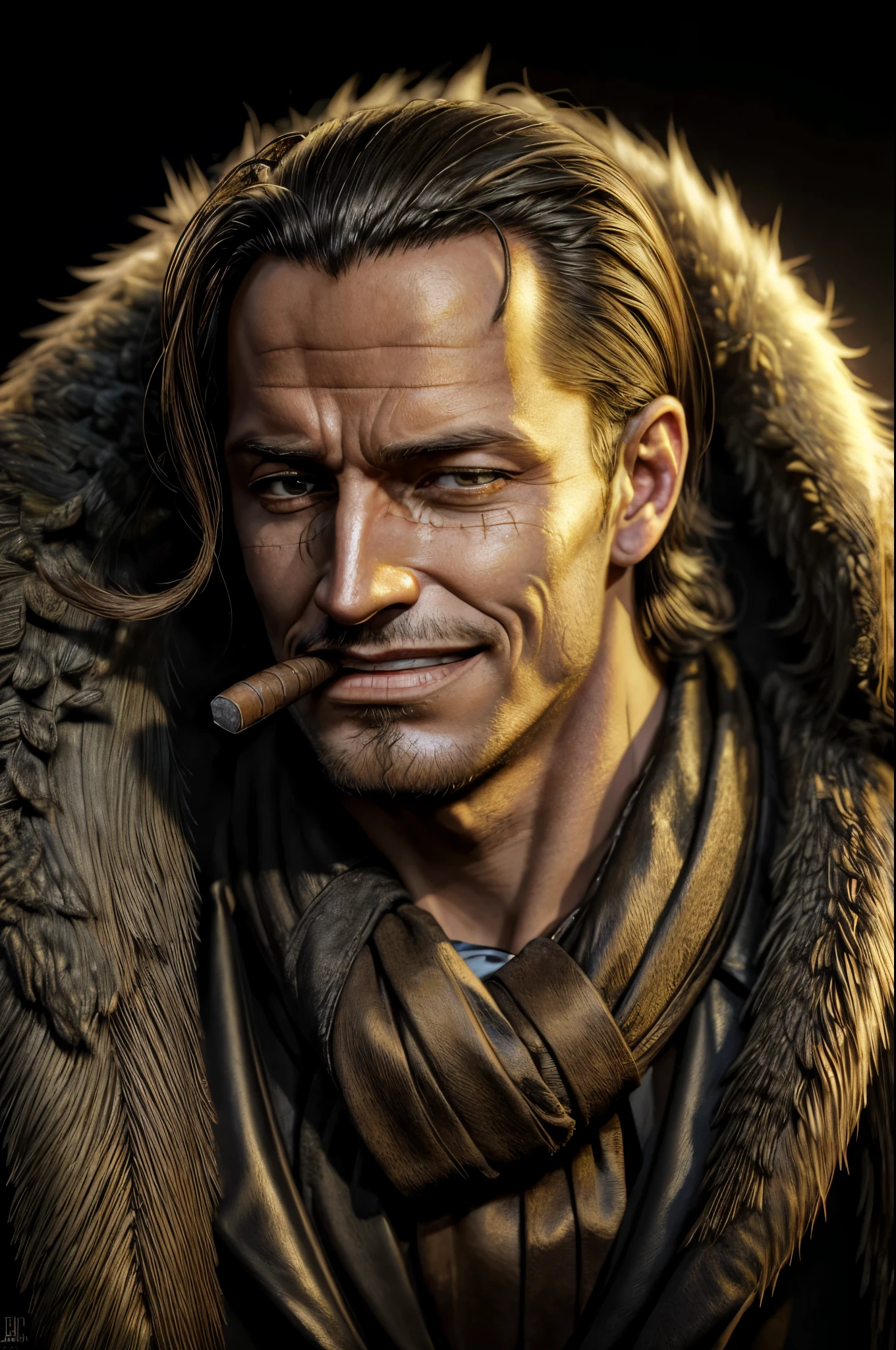 masterpiece, best quality, extremely detailed, hyperrealistic, photorealistic, a cool 40s man, ultra detailed face:1.2, fur-trimmed coat, scarf around the neck, his left hand is a golden pirate hook, extreme close-up shot, black background:1.1, sly smile, looking away:1.1, cigar
