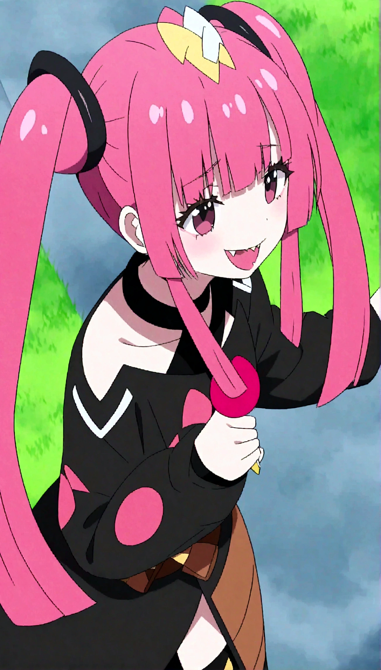 female\(sango\(pokemon\),white skin,evil smile,open mouth,sharp teeth,long tongue,hair\(pink,twintails\),hairclip,shirt\(open shoulder,long sleeve\),skirt\(black,short\),brown belt,Eye corners\(pink\),narrow eyes\(gray\),flippant pose\), BREAK ,background\(simple,dark,pink heart marks\), BREAK ,quality\(8k,wallpaper of extremely detailed CG unit, masterpiece,hight resolution,top-quality,top-quality real texture skin,hyper realisitic,increase the resolution,RAW photos,best qualtiy,highly detailed,the wallpaper,cinematic lighting,ray trace,golden ratio\),dynamic angle,from above