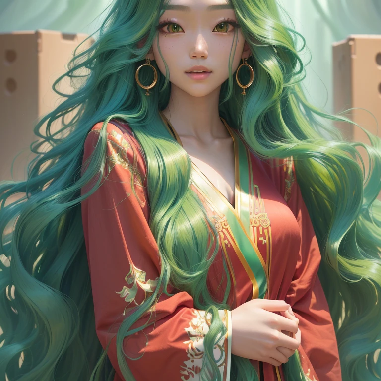 Close up of person with long hair and red shirt, green wavy hair, green flowing hair, long turquoise hair를 가진, long curly hair, Best Face, Very long wavy light blue hair, long turquoise hair, Long, shiny, ethereal hair, vibrant black wavy hair, long green hair, Asian girl with long hair, long shiny gorgeous hair