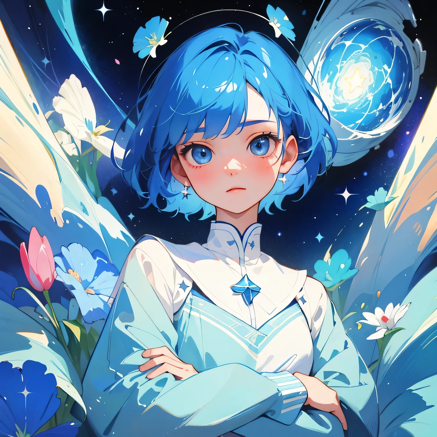 (highest quality、masterpiece、Surreal)、Portrait of a delicate girl with short blue hair crossing her arms in an X、The background is space、Shining Star,petal、Earth,