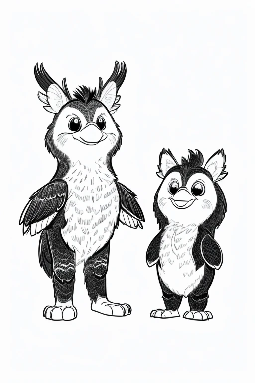 Cute and adorable Hoatzin and its Cub, coloring page for kids, happy, smiling, surrounded by plants, vector art, minimalistic, vector 2d, black lines white background, coloring page for beginners, vector illustration, pencil strokes, no color, drawing for coloring, white background, Pixar style, black and white
