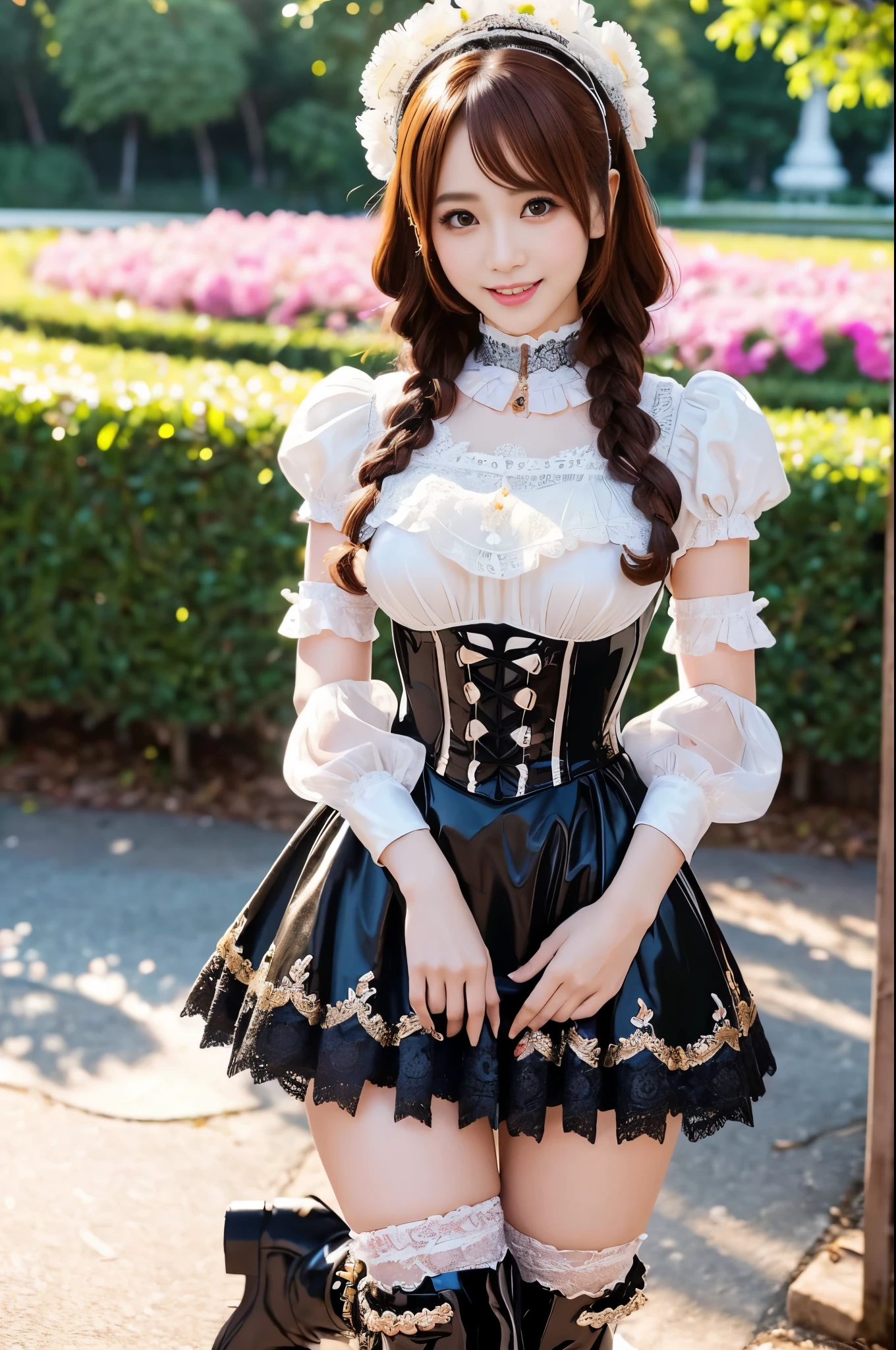 (nsfw), y stylish Thai model, only 1 female, ((doll-like appearance)), short Auburn stylish hair, ((shiny Victorian-Style boots)), (big smile), ultra detailed eyes, vivid eye makeup, lipgloss, long lashes, defined eyebrows, ((sexaradise Kiss cosplay)), bell-shaped skirt, petticoats, high neckline, puffedeves, ((ultra detailed lace)), ((ultra detailed embroidery)), intricate details, Paradise Kiss accessoires and matching headpiece, choker, ((large sparkling Paradise Kiss jewelry)), cinematic light, detailed large park background with trees