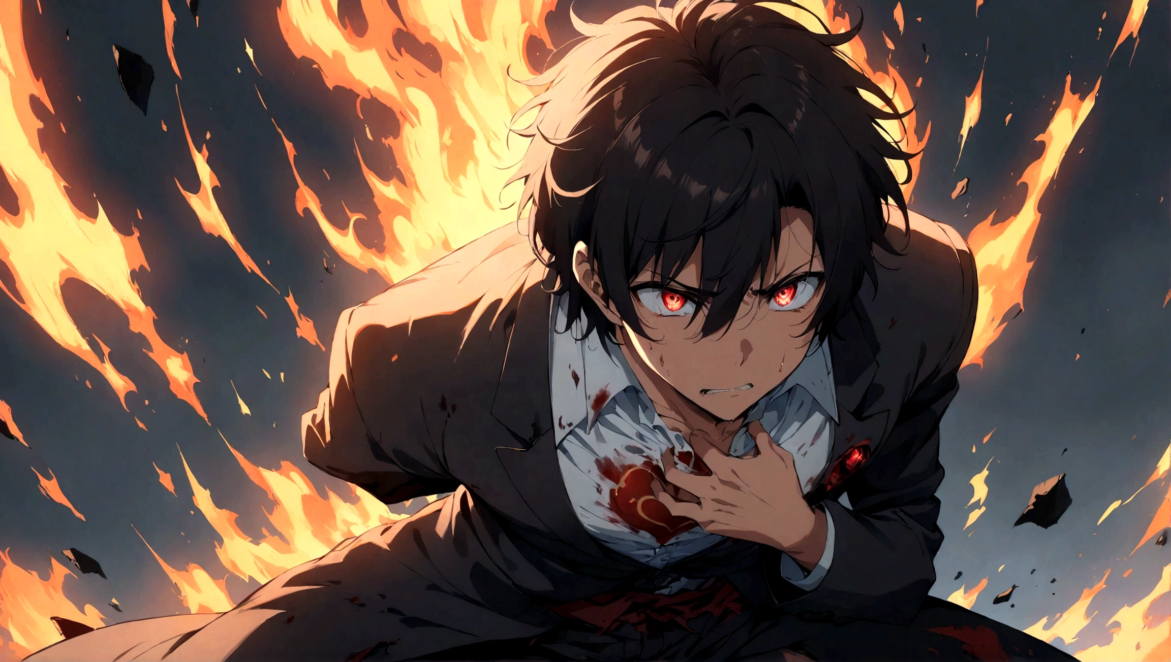 1boy, broken and barely breathing, dramatic pose, dark background, hand clutching chest, torn clothes, blood stains, fire in heart, intense expression, cinematic angle, despair, vulnerability, burning to ground, high detail, anime style, dynamic lighting, highly detailed eyes, vivid colors, red eyes, black hair