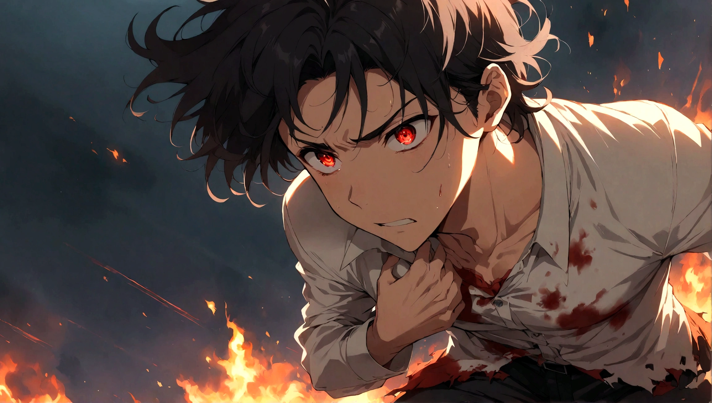 1boy, broken and barely breathing, dramatic pose, dark background, hand clutching chest, torn clothes, blood stains, fire in heart, intense expression, cinematic angle, despair, vulnerability, burning to ground, high detail, anime style, dynamic lighting, highly detailed eyes, vivid colors, red eyes, black hair