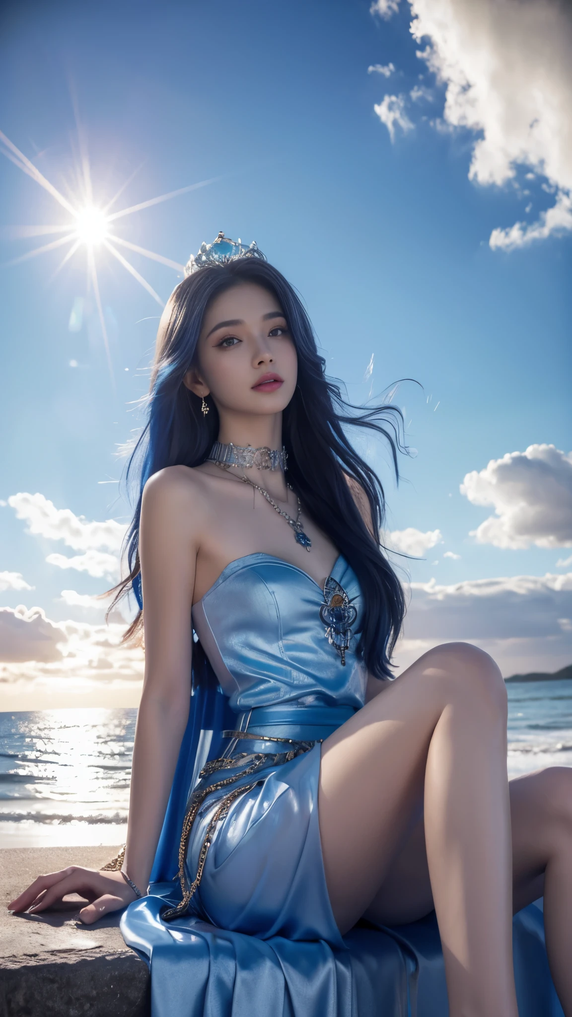 photorealistic, 1girl, ((slim body)), long hair, gradient hair, solo, detailed eyes, jewelry, bracelet, choker, small breasts, looking at viewer, realistic, necklace, (((blue princess))), long skirt, thigh highs, blue cape, sardine, lace, evening, sunlight, clouds, in the sky, clouds, realistic sun light,, detailed, upper body, sitting,