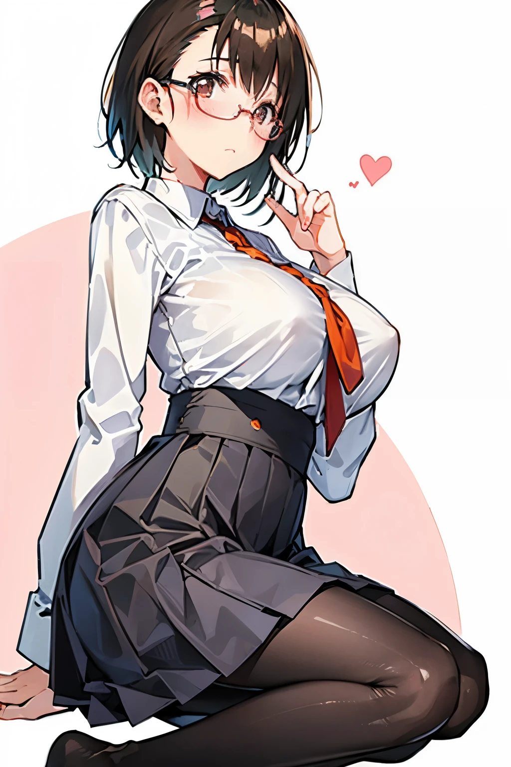 1 Japanese girl, glasses, blush, angle from the side, (slim body:1.2), (huge breasts:1.1), short hair, black hair, , white long sleeve shirt, pleated skirt, (black tights:1.1),
