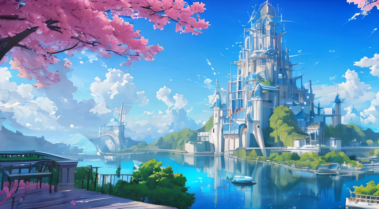 Masterpiece, high detail, 8K resolution, ConceptArt, scenery, water, sky, day, tree, cloud, nature, sea, ancient city of water, ancient waterway, ship harboring, blue sky, from above, Makoto Shinkai artstyle