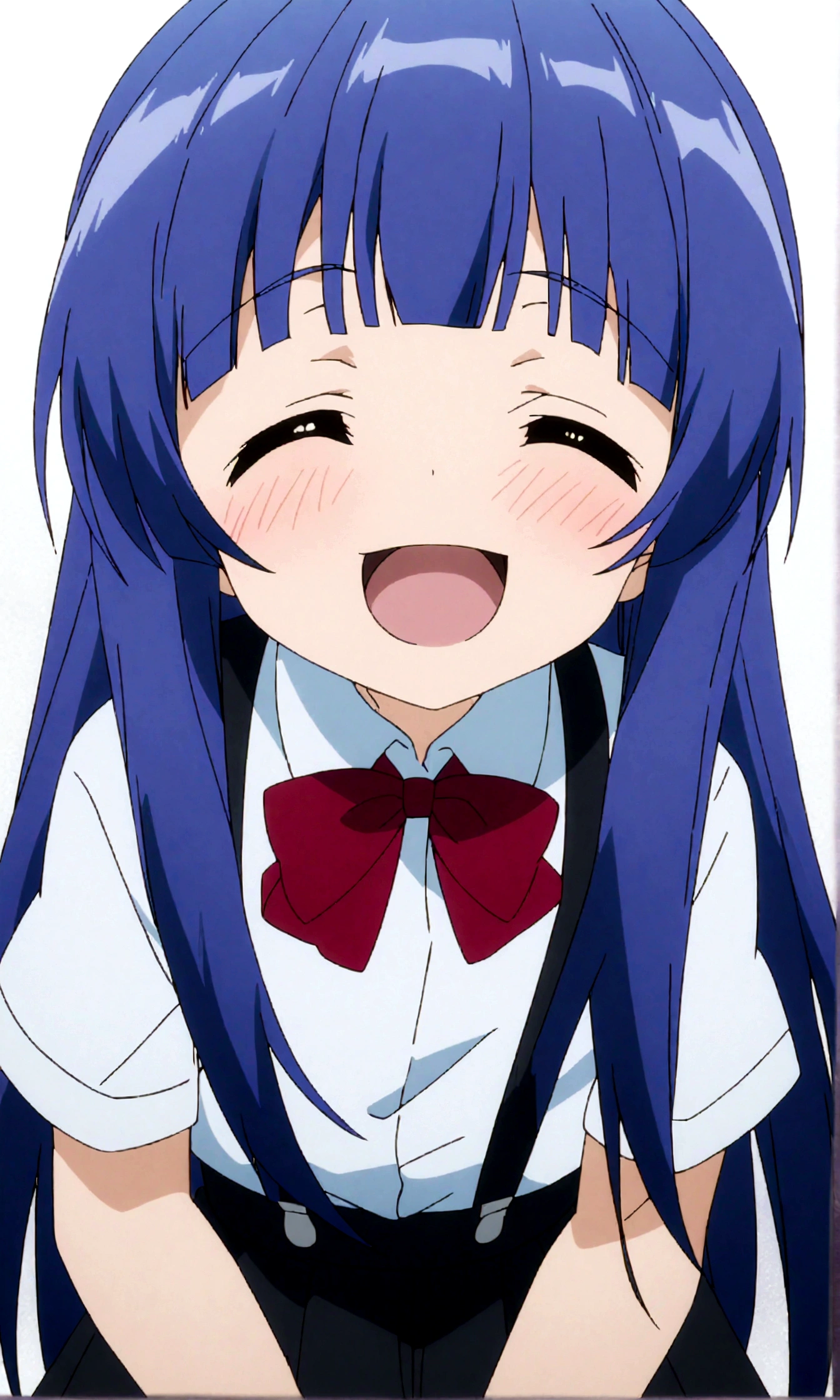 score_9,score_8, score_8_up, BREAK 1girl, solo, furude rika, (tween), kawaii, blue hair, purple eyes, long hair, blunt bangs, bangs,straight-on, simple background, white background, bow, skirt, shirt, suspenders, smile, short sleeves, pleated skirt, white shirt, open mouth, :d, red bow, facing viewer,^_^, suspender skirt, , black skirt, collared shirt, blush, bowtie, blunt bangs, dress shirt,masterpiece, best quality, source_anime,anime screencap,anime coloring,standing,mediumshot,.(closed eyes),