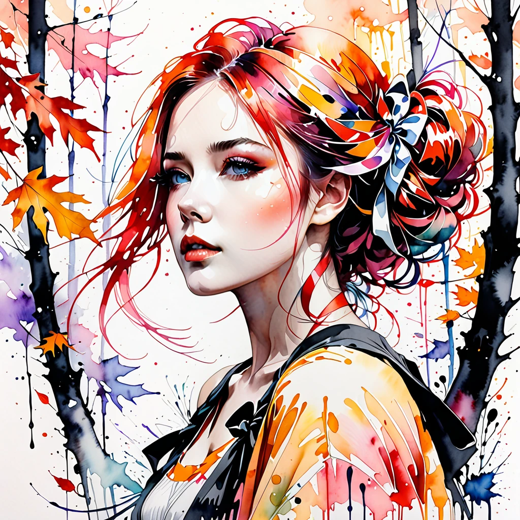 (8k, best quality, masterpiece:1.2),(best quality:1.0), (ultra highres:1.0), watercolor, a beautiful woman, shoulder, hair ribbons, by agnes cecile, full body portrait, extremely luminous bright design, pastel colors, (ink:1.3), autumn lights