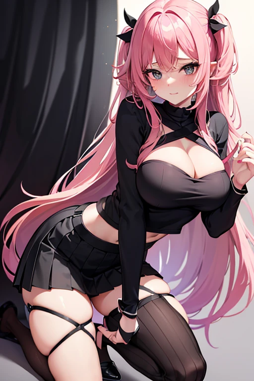 Extremely sexy girl with long pink hair, wearing a black top with a sweetheart cutout in the middle. She wears a black pleated skirt with white stripes and black stockings.