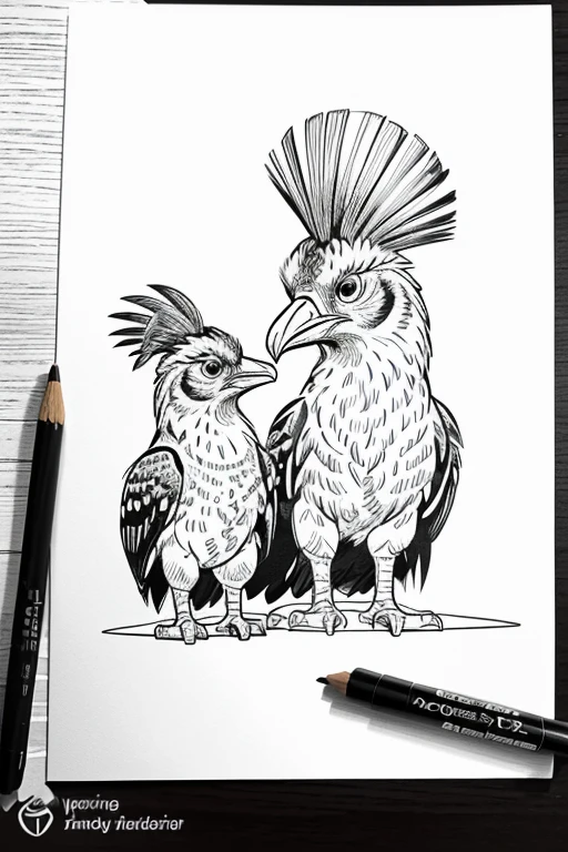 Cute and adorable Hoatzin and its Cub, coloring page for kids, happy, smiling, surrounded by plants, vector art, minimalistic, vector 2d, black lines white background, coloring page for beginners, vector illustration, pencil strokes, no color, drawing for coloring, white background, Pixar style, black and white