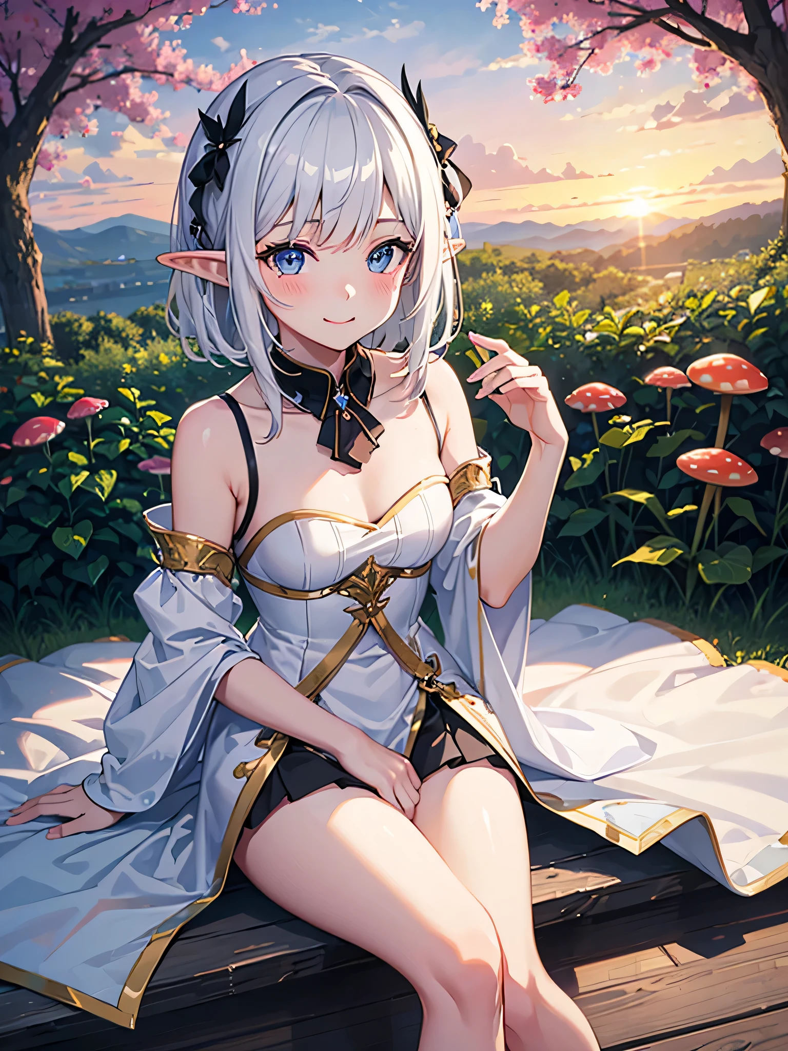 Masterpiece, best quality, high quality, very detailed CG uniform 8k wallpaper, sunset, sunlight, low saturation, shiny hair, fantasy world, magical, mushroom forest, beautiful sky, clouds, 1girl, ten years old girl, chibi, elf, baby face, cute face, beautiful face, blush, smile, short white hair, blue eyes, white dress no sleeves, armpit, thigs, sitting