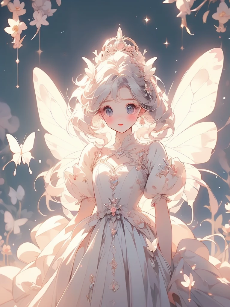 (Milky White:1.2)、(Cute illustrations:1.2)、(Super cute:1.2)、(masterpiece、highest quality、highest quality、Beautiful and beautiful:1.2)、(Excellent anatomy:1.5)、Focus on the eyes、Robot Princess、puff sleeve dress、fluffy、Cute sparkling eyes、Staring at the bright light、Embrace your dreams、Melting big flower、Large melting butterfly wings、Warm Light
