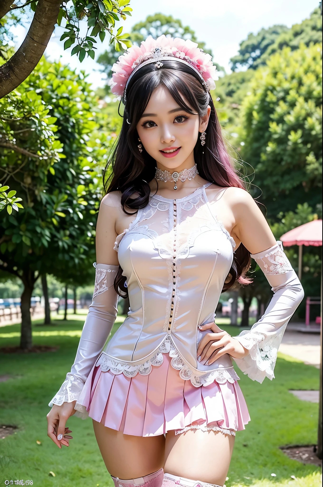 nsfw, sexy Thai princess, only 1 female, ((doll-like appearance)), short neon pink stylish hair, ((shiny Victorian-Style boots)), (big smile), ultra detailed eyes, vivid eye makeup, lipgloss, long lashes, defined eyebrows, ((sexy Paradise Kiss cosplay)), bell-shaped skirt, petticoats, high neckline, puffed sleeves, ((ultra detailed lace)), ((ultra detailed embroidery)), intricate details, Paradise Kiss accessoires and matching headpiece, choker, ((large sparkling Paradise Kiss jewelry)), cinematic light, detailed large park background with trees