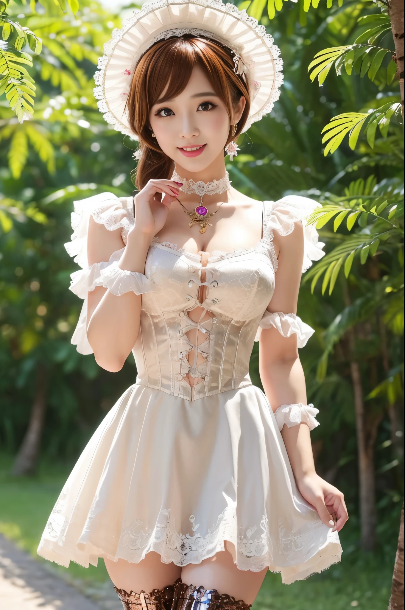 (nsfw), sexy stylish Thai model, only 1 female, ((doll-like appearance)), short Auburn stylish hair, ((shiny Victorian-Style boots)), (big smile), ultra detailed eyes, vivid eye makeup, lipgloss, long lashes, defined eyebrows, ((sexy Paradise Kiss cosplay)), bell-shaped skirt, petticoats, high neckline, puffed sleeves, ((ultra detailed lace)), ((ultra detailed embroidery)), intricate details, Paradise Kiss accessoires and matching headpiece, choker, ((large sparkling Paradise Kiss jewelry)), cinematic light, detailed large park background with trees