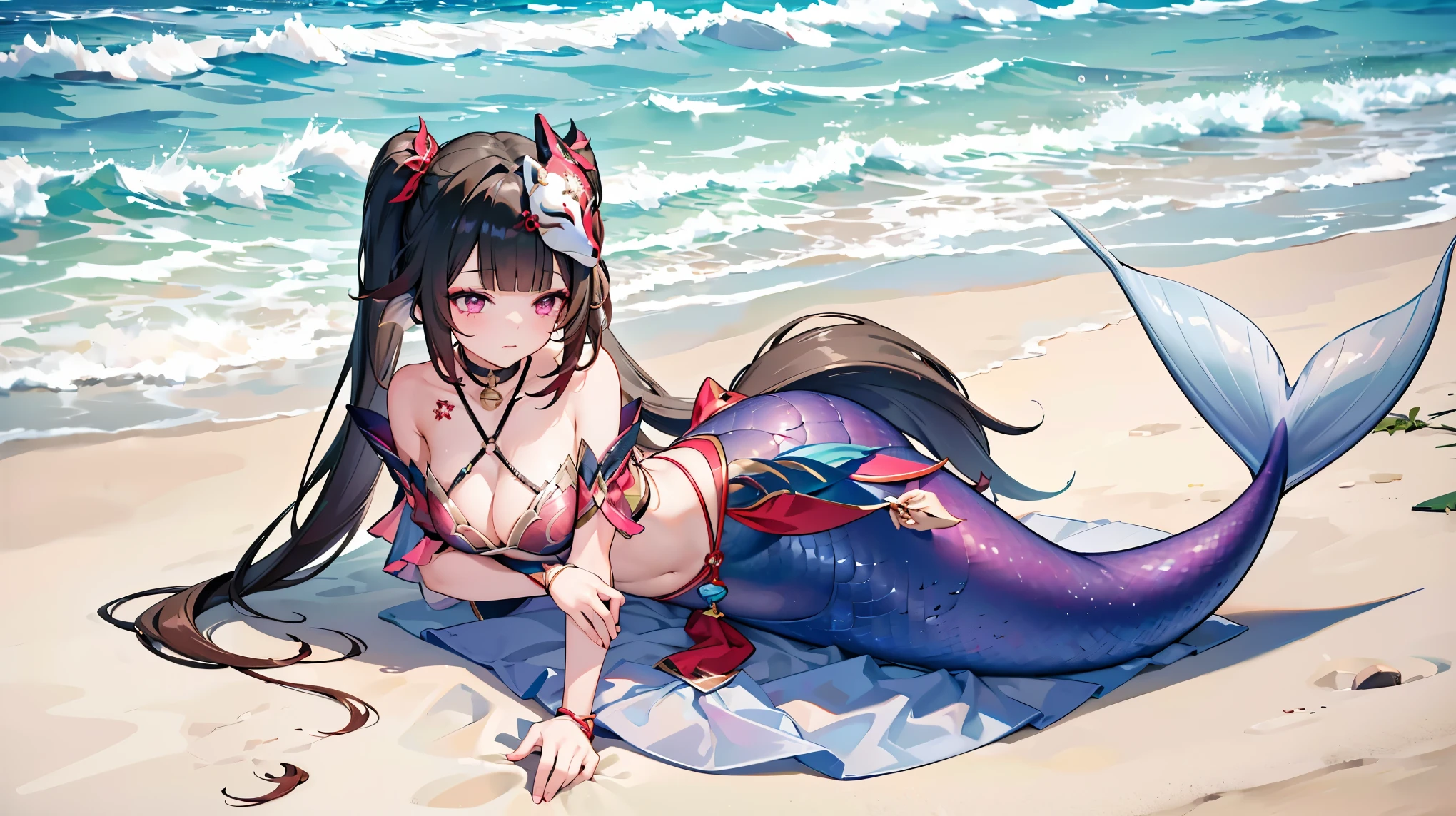 masterpiece, best quality,A girl,solo,sparkle,Double tail,masks on head,Necklace, single glove,bracelet,Large Breasts,Mermaid,红色的Mermaid尾巴,full-body shot,lying on a beach,Sea view