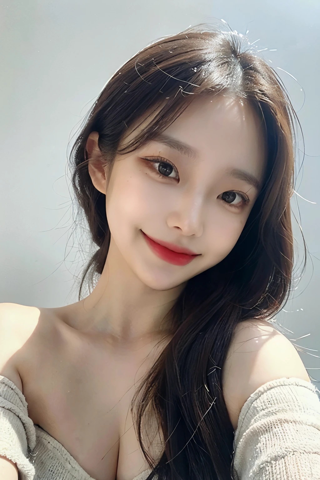 brown hair, hair pulled back, smile, UHD, super detail, high details, textured skin, accurate, perspective, upper body, 1 girl, Korean, 25 years old, off-shoulder top, studio background, white background