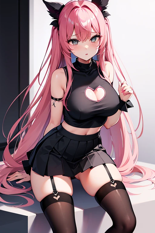Extremely sexy girl with long pink hair, wearing a black top with a sweetheart cutout in the middle. She wears a black pleated skirt with white stripes and black stockings.