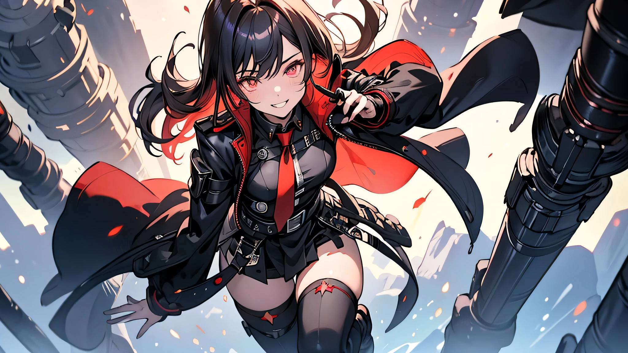 ((Best quality)), ((masterpiece)), (detailed:1.4), 3D, an image of a beautiful cyberpunk female, Yandere , Yandere Face , Trance , Trance Eyes , yameroyandere , constricted pupils , yandere ,
empty eyes . shaded face , crazy eyes , glowing eyes , crazy smile , dark, long burning red hair, burning hair, light brown eyes, red Barret, Black Soldier Shirt, Black under cloth, black panty, Grenade belt, Big chest, Big thigh, High thigh black knee sock, full view of girl, battlefield background, black combat boot, red necktie, black glove, black combat suit, black jacket, black cloak, black panty, ammo belt, HDR (High Dynamic Range),Ray Tracing,NVIDIA RTX,Super-Resolution,Unreal 5,Subsurface scattering,PBR Texturing,Post-processing,Anisotropic Filtering,Depth-of-field,Maximum clarity and sharpness,Multi-layered textures,Albedo and Specular maps,Surface shading,Accurate simulation of light-material interaction,Perfect proportions,Octane Render,Two-tone lighting,Wide aperture,Low ISO,White balance,Rule of thirds,8K RAW,