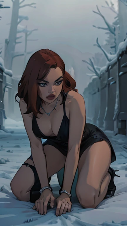 Masterpiece, Best quality, Very young Russian girl, red hair , Curly, Medium long hair without hairstyle, crystalblueeyes, Short thight cotton red dress with red color, can see body under dress, Bracelet on the left wrist, necklace around the neck, Black openwork stockings, High-heeled shoes, in the middle of a winter forest, look into the distance, snowy wild forest, It's cold, it's snowing, beautiful face and slim body, shapely legs, steam from the mouth, innocent and deep look, thick fog, photorealism, photographic appearance, RAW style.on all fours taken from behind