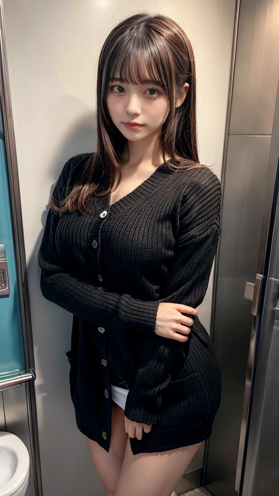 masterpiece, best quality, illustration, Super detailed, fine details, High resolution, 8K,wall paper, perfect dynamic composition,(Details High quality, realistic depiction of eyes:1.3), (Toilet cubicles:1.2), (urinal), Detailed Office, open cardigan, a miniskirt, bitch_virgin, straight hair, black hair color, Big Natural Color Lip, perfect body shape,  sexy pose, crying a little、cold gaze, Harajuku style、20 year old girl、cute type、lolita, hposing Gravure Idol, full body photo、focus on crotch, huge breasts