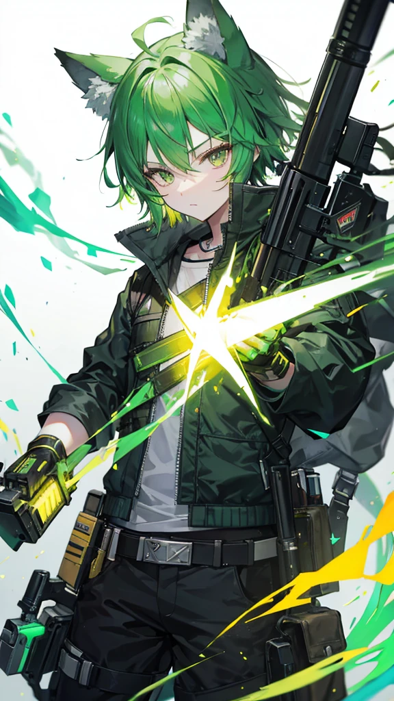 wolf ears, Male, holding a gun, Green, Flame effects