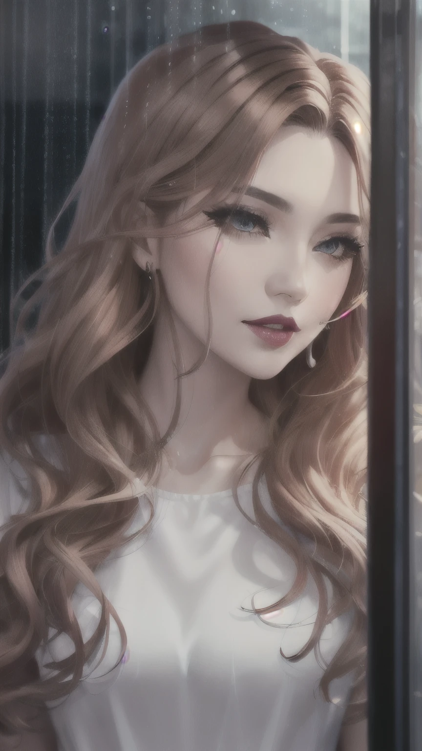 White silk dress, 26-year-old woman, golden-red long wavy hair, detailed narrow eyes, crystal-like eyes, long eyelashes, eyeshadow, light pink lipstick, detailed beautiful face, mouth with beautiful teeth, taking shelter from the rain in a telephone booth, cinematic, evening shower, full body