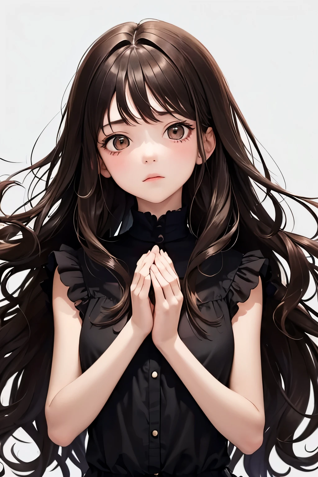 18 years old girl, with dark brown long wavy hair, dark brown eyes, wearing dark clothes.
The face looks up, the face looks sad, the hands want to reach for something, the body position seems to be falling.