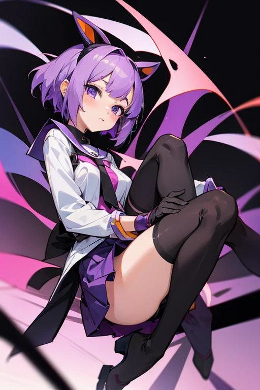 Anime girl with purple hair and black stockings, Mae's pastel paintings, Pixiv, Conceptual Art, tits, Anime girl crouching, Dominant Pose, Shot from below, Lower body close-up, Beautiful anime girl crouching, biomechanical tits, On my knees, Kneel!!, Tear from Overlord