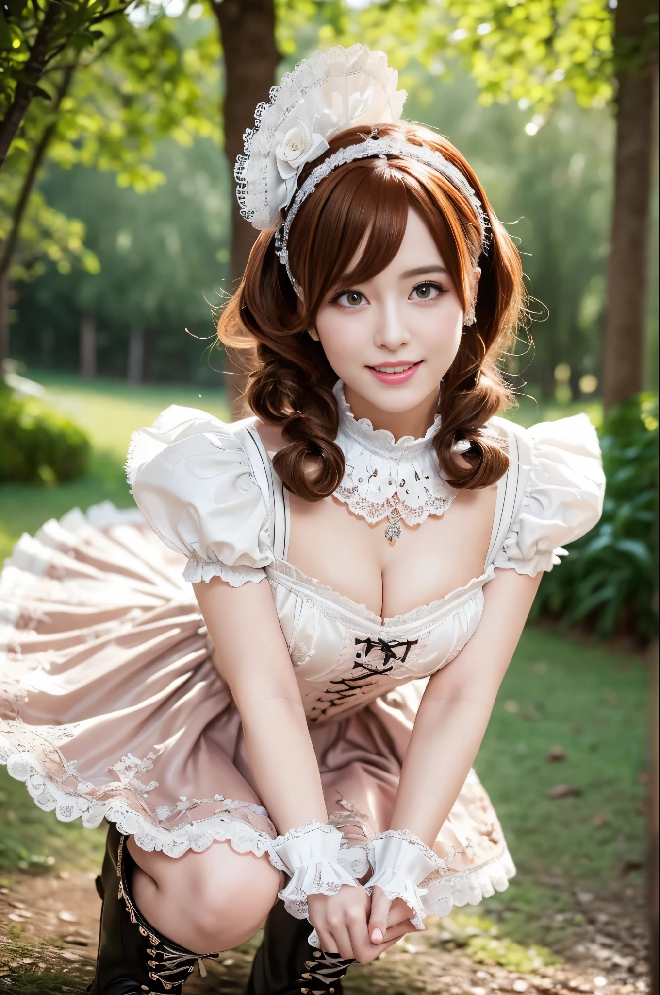 (nsfw), sexy stylish Swedish model, only 1 female, ((doll-like appearance)), short Auburn stylish hair, ((shiny Victorian-Style boots)), (big smile), ultra detailed eyes, vivid eye makeup, lip-gloss, long lashes, defined eyebrows, ((sexy Paradise Kiss cosplay)), bell-shaped skirt, petticoats, high neckline, puffed sleeves, ((ultra detailed lace)), ((ultra detailed embroidery)), intricate details, Paradise Kiss accessoires and matching headpiece, choker, ((large sparkling Paradise Kiss jewelry)), cinematic light, detailed large park background with trees