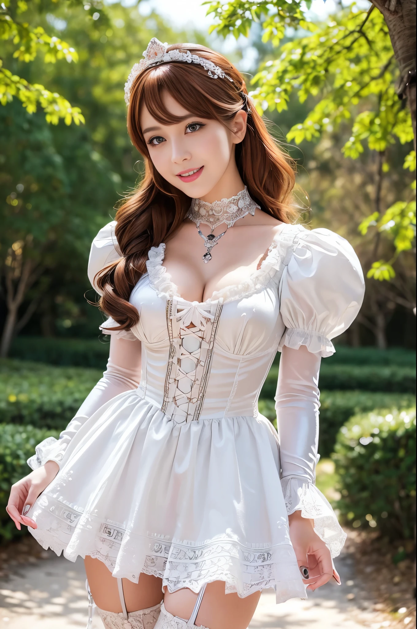 (nsfw), sexy stylish Swedish model, only 1 female, ((doll-like appearance)), short Auburn stylish hair, ((shiny Victorian-Style boots)), (big smile), ultra detailed eyes, vivid eye makeup, lip-gloss, long lashes, defined eyebrows, ((sexy Paradise Kiss cosplay)), bell-shaped skirt, petticoats, high neckline, puffed sleeves, ((ultra detailed lace)), ((ultra detailed embroidery)), intricate details, Paradise Kiss accessoires and matching headpiece, choker, ((large sparkling Paradise Kiss jewelry)), cinematic light, detailed large park background with trees