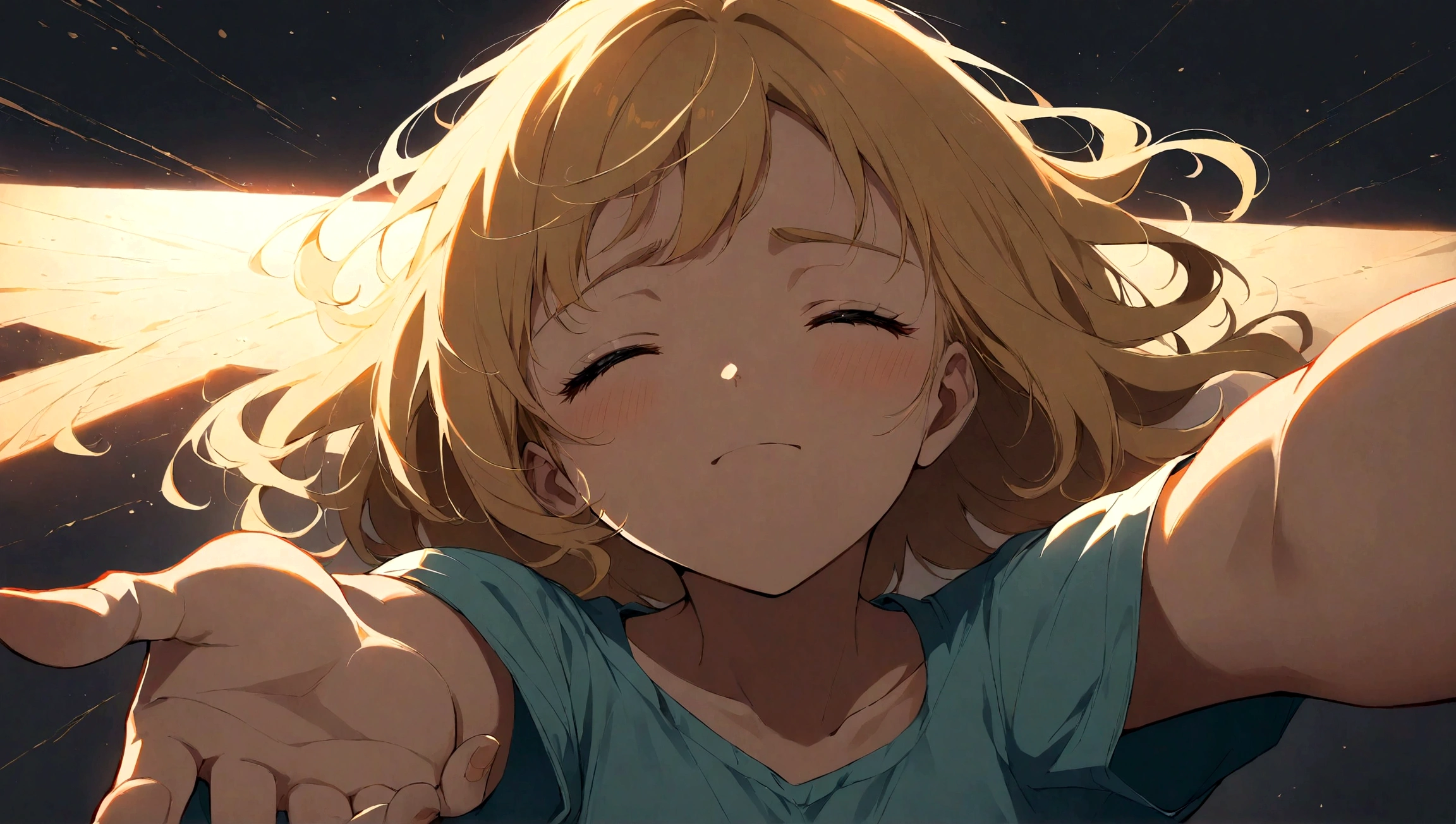 1girl, barely breathing, outstretched hand, cinematic angle, forlorn look, dark background, spotlight, tattered clothes, closed eyes, vulnerability, gentle glow, emotional tension, high detail, anime style, dramatic perspective, intricate line work, soft gradients, expressive details, portrait