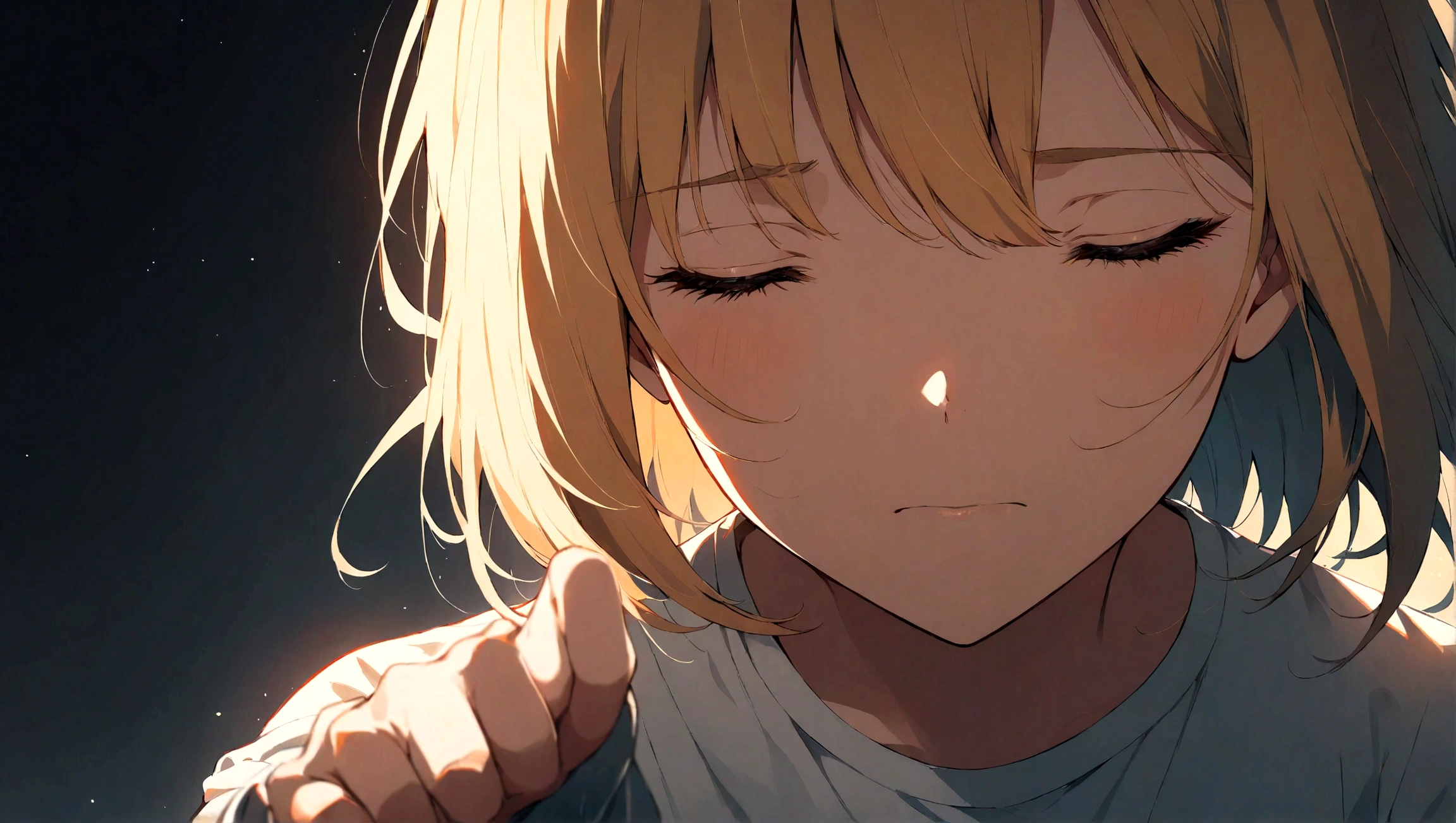 1girl, barely breathing, outstretched hand, cinematic angle, forlorn look, dark background, spotlight, tattered clothes, closed eyes, vulnerability, gentle glow, emotional tension, high detail, anime style, dramatic perspective, intricate line work, soft gradients, expressive details, portrait